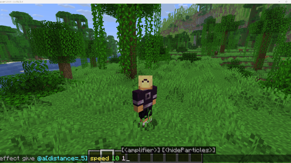 distance=..5 で近くのプレイヤーだけにエフェクトがかかり、離れるとかからなくなる様子