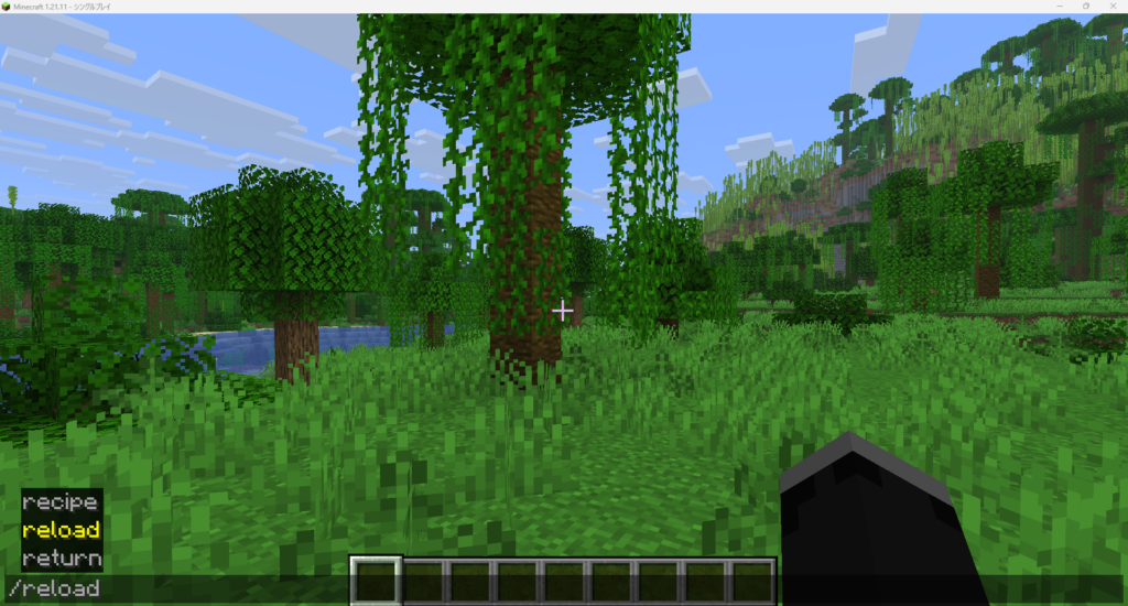 ゲーム内でチャット欄を開き /reload と入力して実行する操作の様子